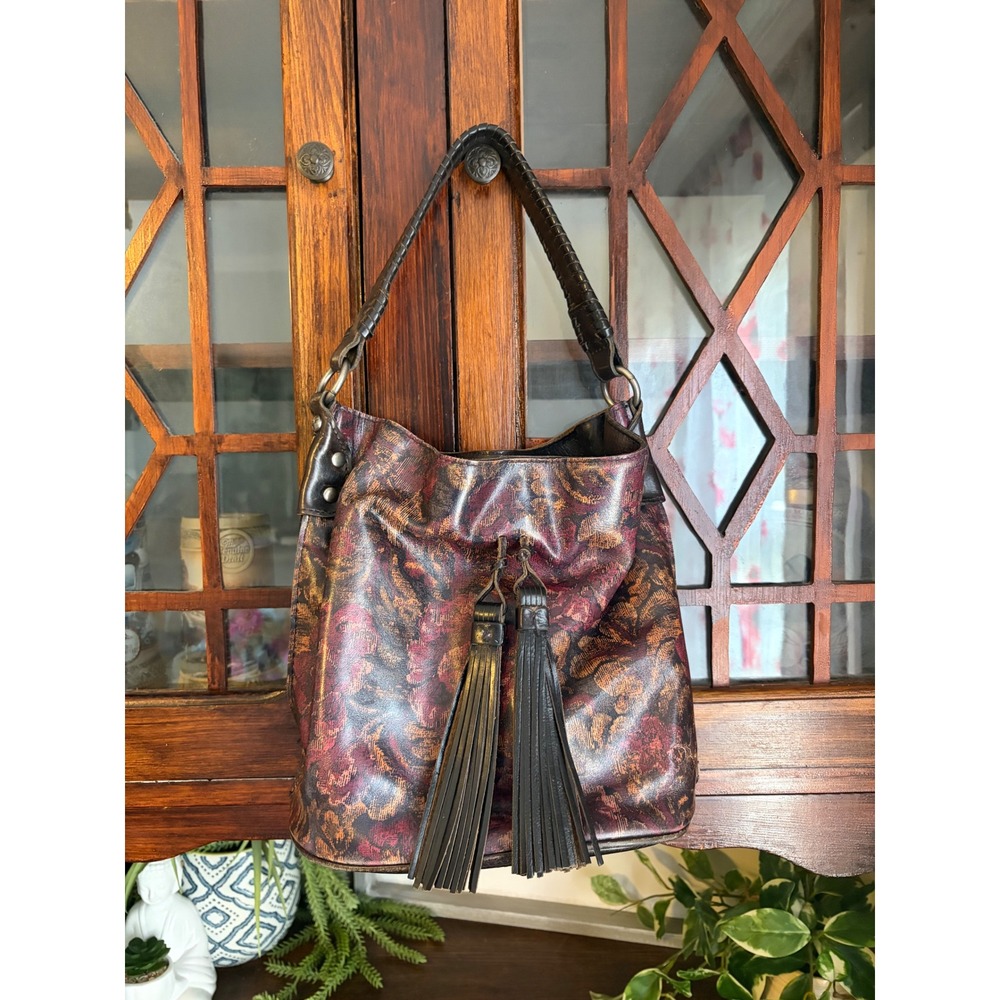 Patricia Nash Otavia Leather Floral Print Hobo Bag with Tassel Accents Brown